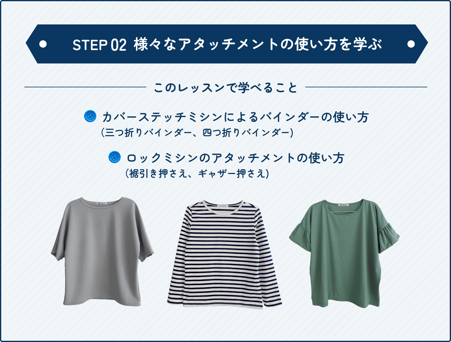 ステップ2、中級では様々なアタッチメントの使い方を学びます。カバーステッチミシンによるバインダーの使い方（三つ折り、四つ折りバインダー）、裾引き押さえやギャザー押さえといったロックミシンのアタッチメントの使い方を学びます。