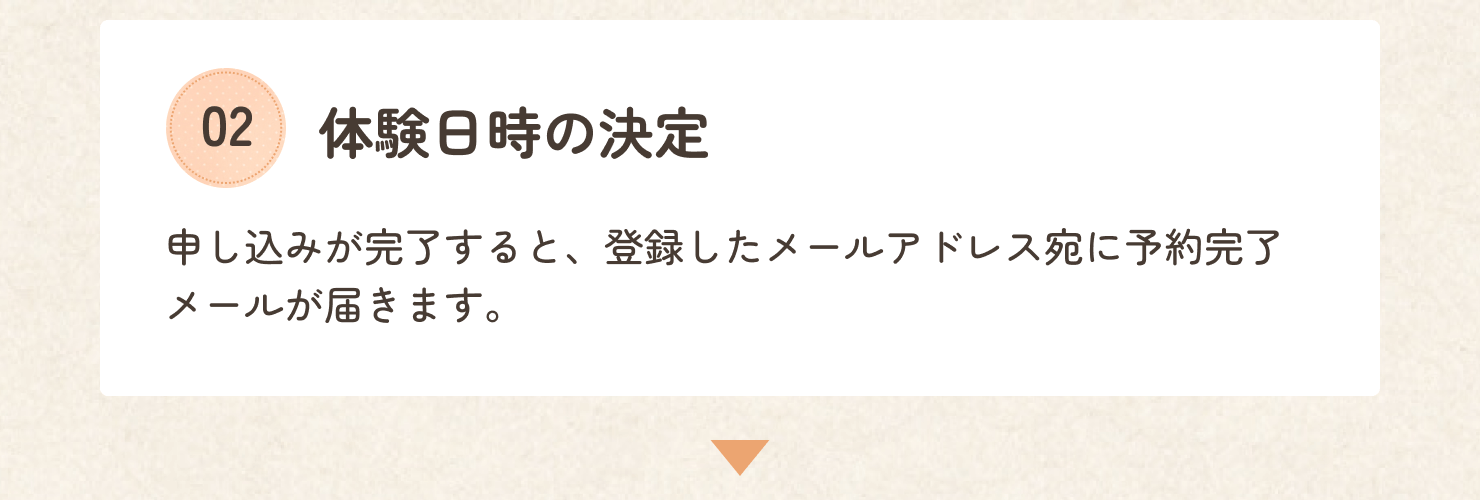 体験日時の決定の説明です。お申し込みが完了すると、ご登録いただいたメールアドレス宛に予約完了メールが届きますので、ご確認ください。以上で体験教室のお申し込みは完了です。